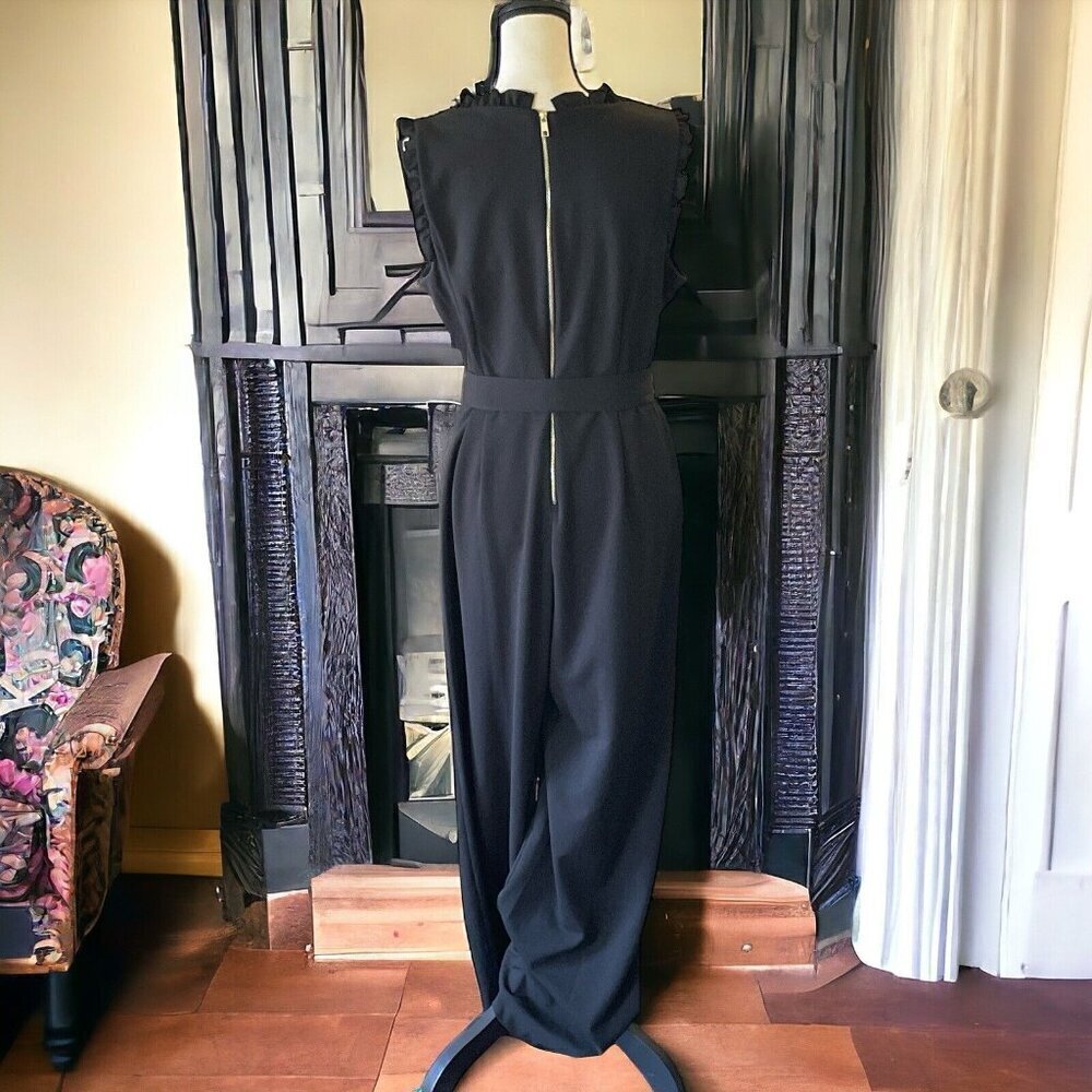 Emma & Michele Womens V Neck Ruffle Jumpsuit Size 10 Black Zipper Tie - Picture 7 of 16